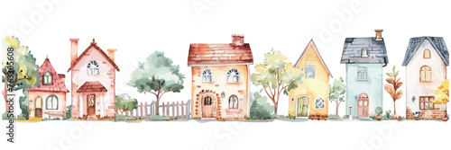 This watercolor illustration presents a whimsical row of charming houses, each with its own unique design and pastel color palette, creating a quaint neighborhood scene.
