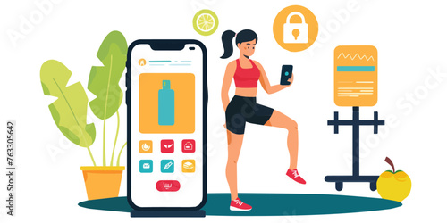 Fitness App Interface and User Engagement Illustration This modern illustration portrays an active woman engaging with a fitness app, emphasizing health, technology, and personal security.

