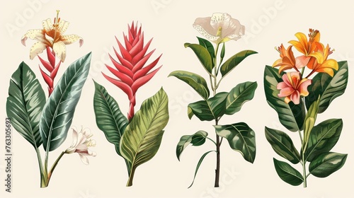 Modern vintage illustration of exotic flowers. Colorful design elements.