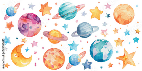A whimsical collection of celestial bodies, featuring planets and stars in a watercolor style, radiating with dreamy and soft hues.
