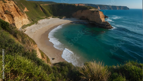 Photo real with nature theme for Coastal Curves concept as The dramatic coastline with cliffs and beaches forming natural curves   Full depth of field  clean light  high quality  include copy space  N