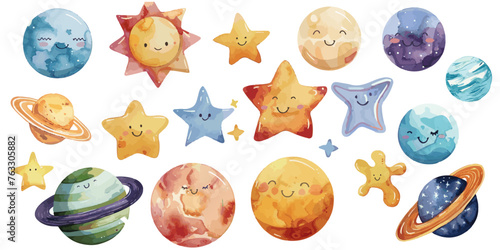 An adorable collection of watercolor celestial bodies, featuring smiling planets and stars, perfect for children's illustrations vector
