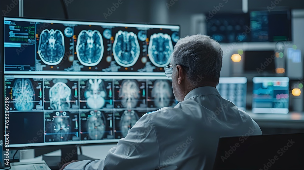 Radiologist analyzing body scan on highresolution monitor in nuclear medicine department utilizing AI technology. Concept Medical Imaging, Radiology Technology, Nuclear Medicine Radiologist analyzing body scan on highresolution monitor in nuclear medicine department utilizing AI technology. Concept Medical Imaging, Radiology Technology, Nuclear Medicine