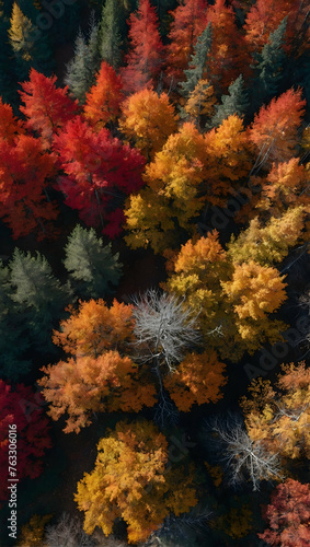 Photo real with nature theme for Crimson Woods concept as Autumnal forests with a burst of red and orange foliage from above ,Full depth of field, clean light, high quality ,include copy space, No no