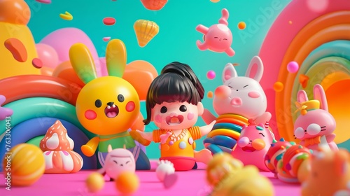 Charming 3D characters with cute, toyinspired faces engaging in action, framed by a random color palette background photo