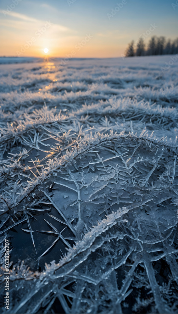 Photo real with nature theme for Frosty Patterns concept as A snowy landscape with the intricate patterns of frost and ice  ,Full depth of field, clean light, high quality ,include copy space, No nois
