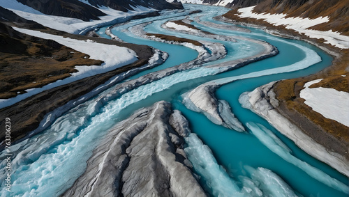 Photo real with nature theme for Glacial Rivers concept as Braided river systems in glacial regions with vibrant mineral colors ,Full depth of field, clean light, high quality ,include copy space, No