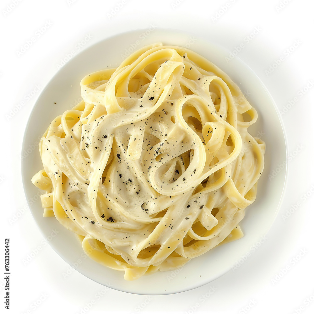 Fettuccine Alfredo on isolated white background, top view Fettuccine Alfredo on isolated white background, top view