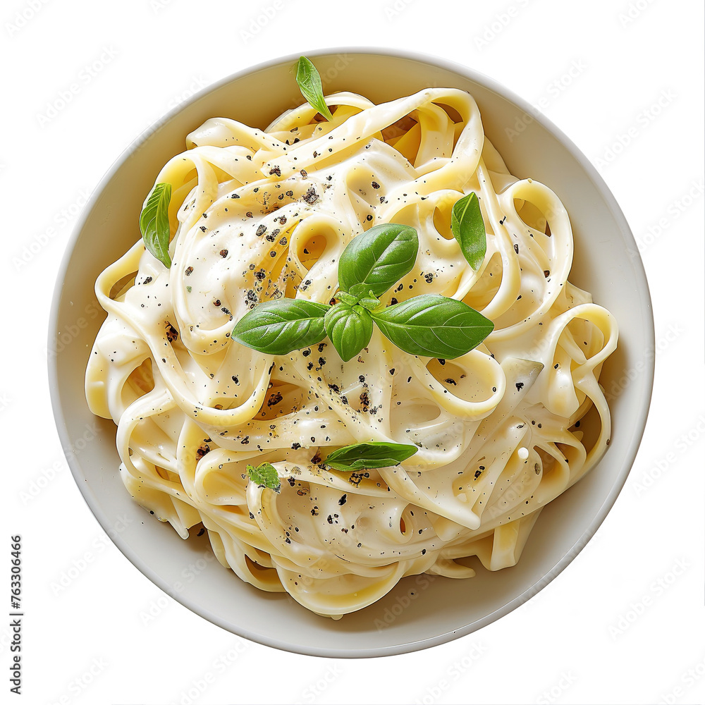 Fettuccine Alfredo on isolated white background, top view Fettuccine Alfredo on isolated white background, top view
