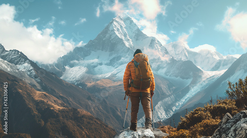 Hiker Overlooking Annapurna Range from High Vantage Point photo