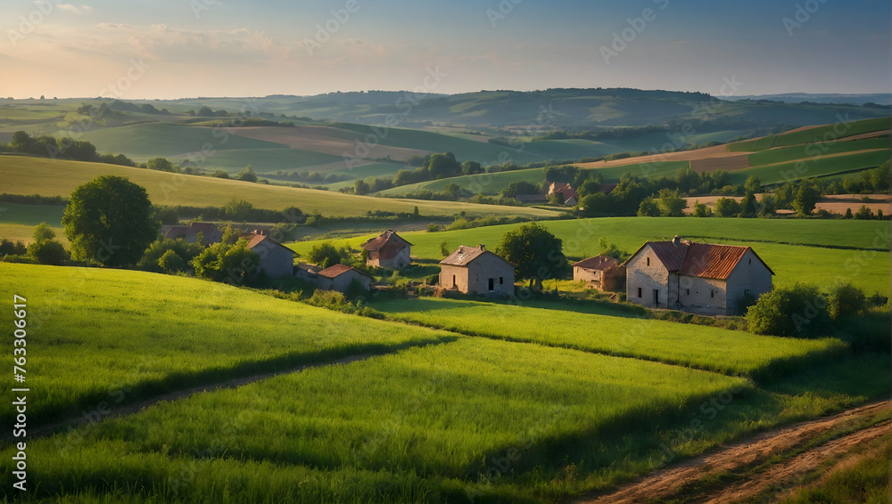 Photo real with nature theme for Rural Patchwork concept as Quilt-like fields and meadows of a countryside with a small village in view  ,Full depth of field, clean light, high quality ,include copy s