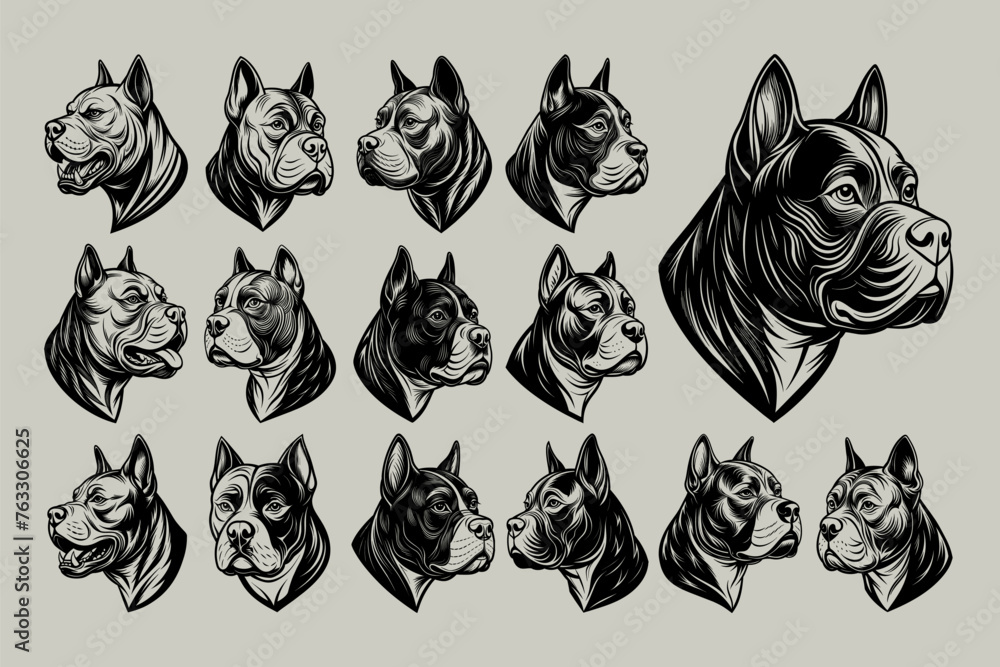 Side view of detailed american bully dog head tshirt design set