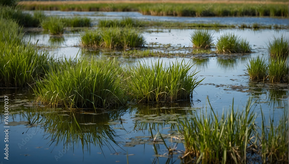 Photo real with nature theme for Wetland Web concept as A complex network of waterways in a wetland teeming with life ,Full depth of field, clean light, high quality ,include copy space, No noise, cr Photo real with nature theme for Wetland Web concept as A complex network of waterways in a wetland teeming with life ,Full depth of field, clean light, high quality ,include copy space, No noise, cr