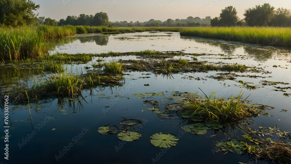 Photo real with nature theme for Wetland Web concept as A complex network of waterways in a wetland teeming with life ,Full depth of field, clean light, high quality ,include copy space, No noise, cr Photo real with nature theme for Wetland Web concept as A complex network of waterways in a wetland teeming with life ,Full depth of field, clean light, high quality ,include copy space, No noise, cr