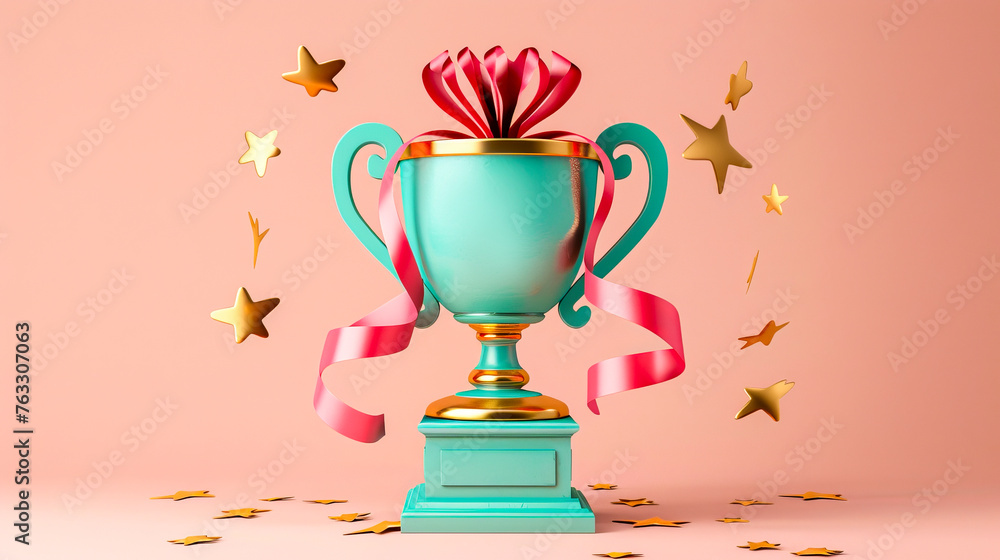 Fototapeta premium Stylized Trophy with Pink Ribbon on Teal Background.