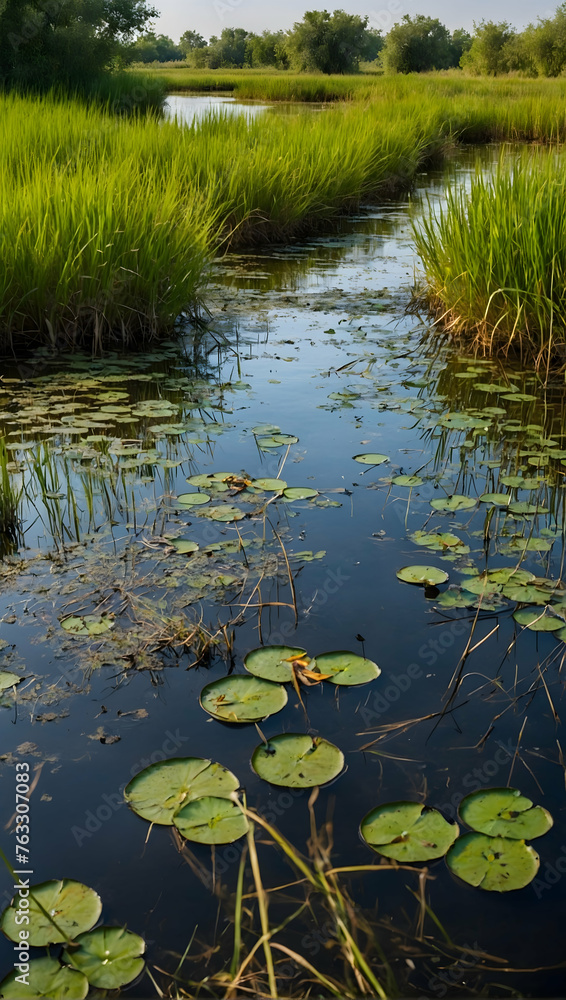 Photo real with nature theme for Wetland Web concept as A complex network of waterways in a wetland teeming with life ,Full depth of field, clean light, high quality ,include copy space, No noise, cr Photo real with nature theme for Wetland Web concept as A complex network of waterways in a wetland teeming with life ,Full depth of field, clean light, high quality ,include copy space, No noise, cr