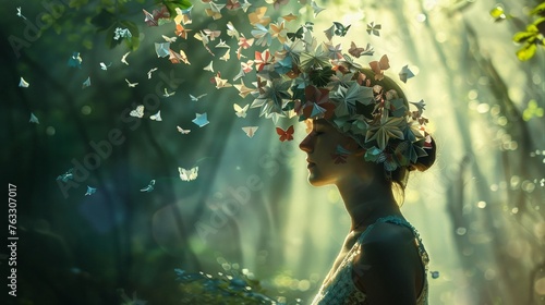 Mystical scene of a woman crowned with intricate origami flowers, standing in a lush, enchanted forest, light filtering through