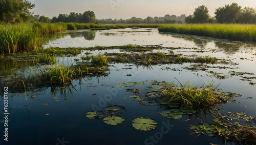 Photo real with nature theme for Wetland Web concept as A complex network of waterways in a wetland teeming with life ,Full depth of field, clean light, high quality ,include copy space, No noise, cr