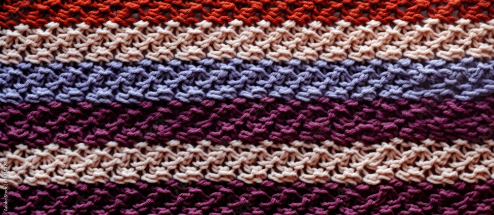 A close up of a purple knitted textile rectangle blanket with a creative arts striped pattern in violet, magenta, and electric blue colors. Made of woolen material with symmetrical design A close up of a purple knitted textile rectangle blanket with a creative arts striped pattern in violet, magenta, and electric blue colors. Made of woolen material with symmetrical design
