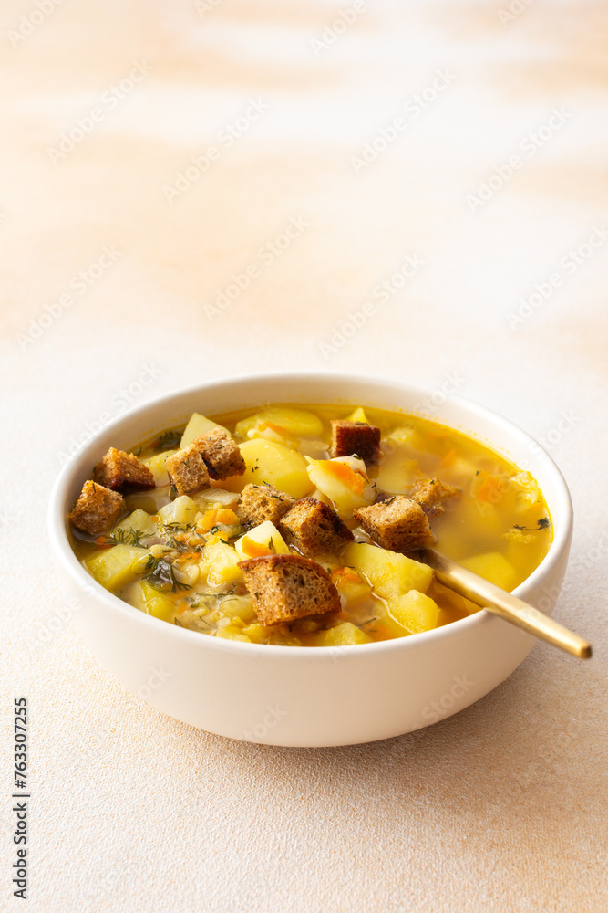 Pea soup with fried croutons, healthy bean soup Pea soup with fried croutons, healthy bean soup