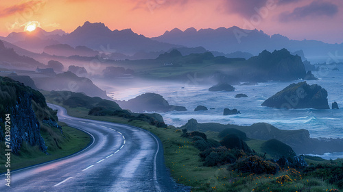 Sunset along the coast with a roadway