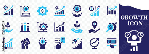 Growth icon set with performance, gain, improvement, grow, chart, increase, evolution, and development icons