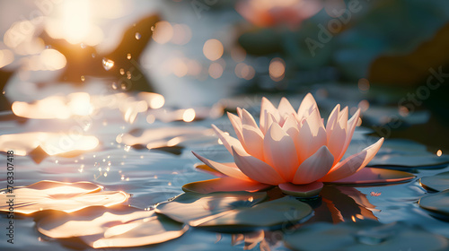 A detailed close-up of a water lily floating on a tranquil pond, with its delicate petals and vibrant colors