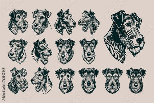Bundle of hand drawn airedale terrier dog head design vector