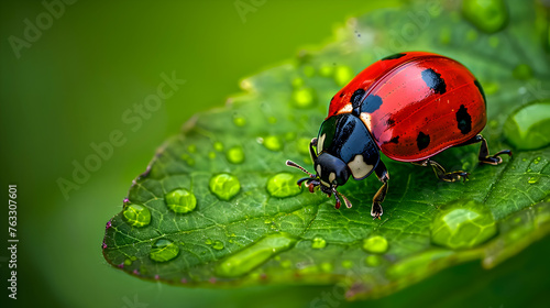 A detailed macro shot of a ladybug crawling on a fresh green leaf, with its bright red shell standing out