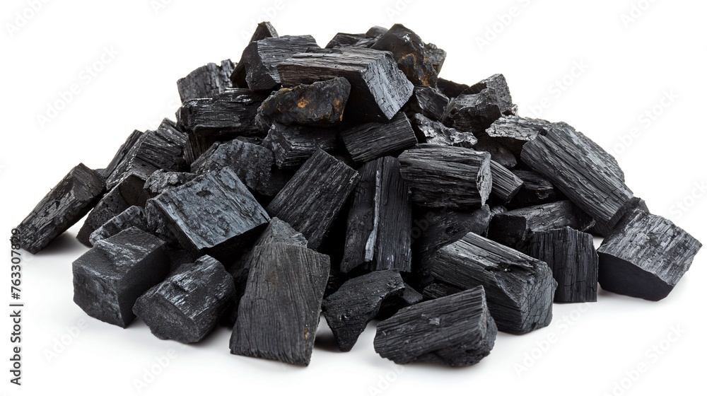 Pile of Charcoal Chunks Isolated on White Background