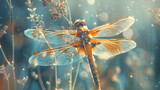 A detailed macro shot of a dragonfly perched on a slender reed, with its iridescent wings shimmering in the sunlight