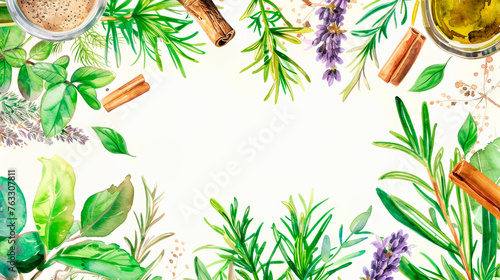 This frame watercolor painting depicts a variety of herbs and spices artistically arranged on a canvas. Each herb and spice is intricately detailed, showcasing their. Banner. Copy space