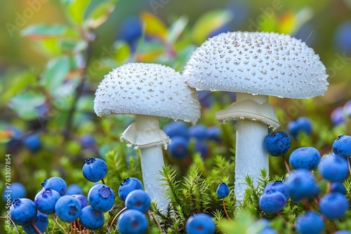 close-up two milky cap mushrooms in the forest standing in moss blueberries bushes 