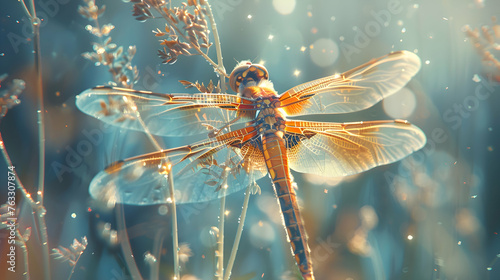 A detailed macro shot of a dragonfly perched on a slender reed, with its iridescent wings shimmering in the sunlight © MistoGraphy