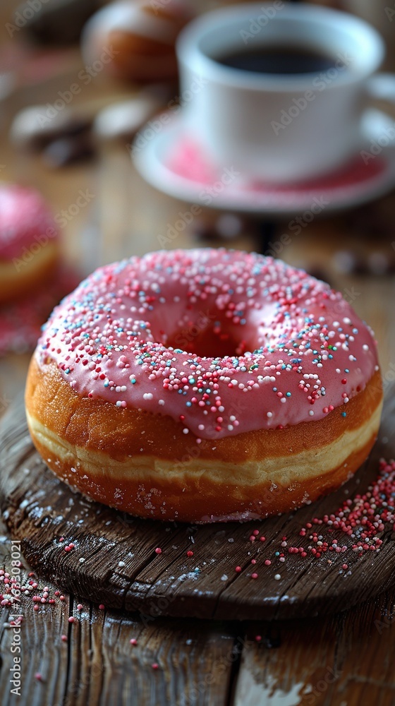 Yummy donuts with sprinkles and Coffee cup on wooden table. Created with Generative AI Yummy donuts with sprinkles and Coffee cup on wooden table. Created with Generative AI