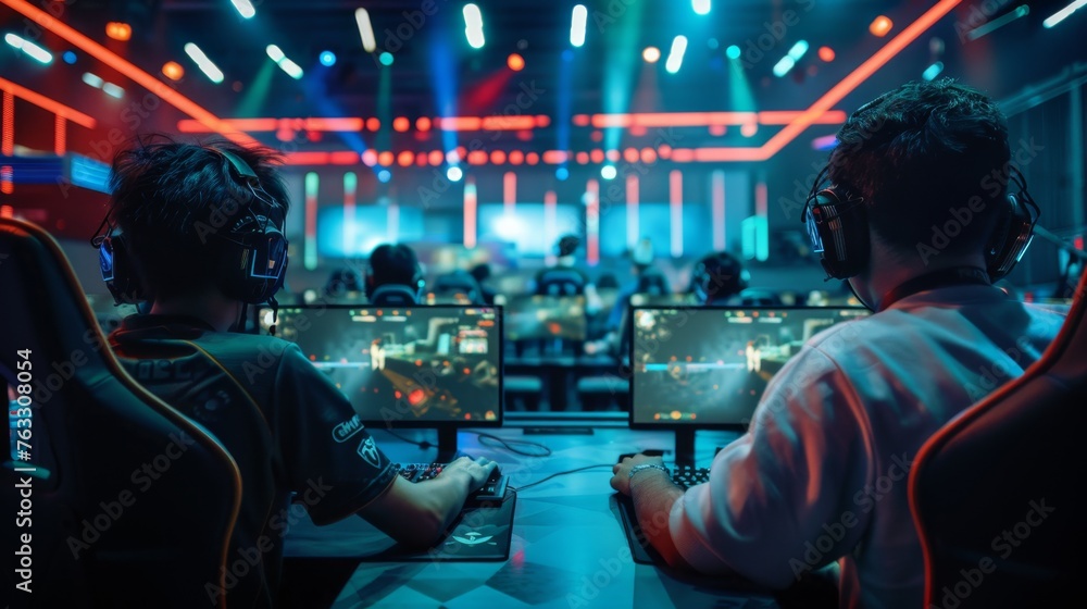 esports battle, gamers from back with headset and monitor in neon cyberspace, phygital games, cyber sport esports battle, gamers from back with headset and monitor in neon cyberspace, phygital games, cyber sport