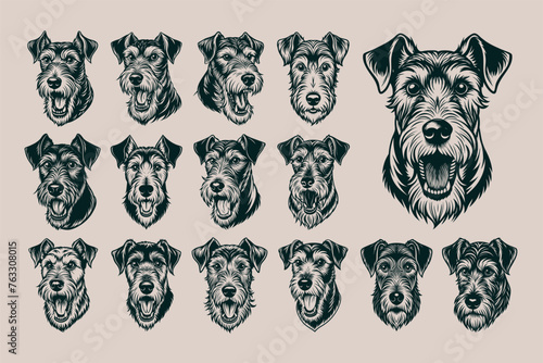 Front view barking airedale terrier dog head template design set