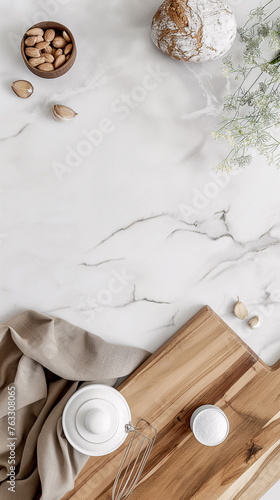 Artisan Bread and Ingredients on Marble Background 
