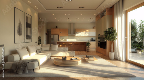 Sunlit Modern Living Room with Open Kitchen  © MEIKI