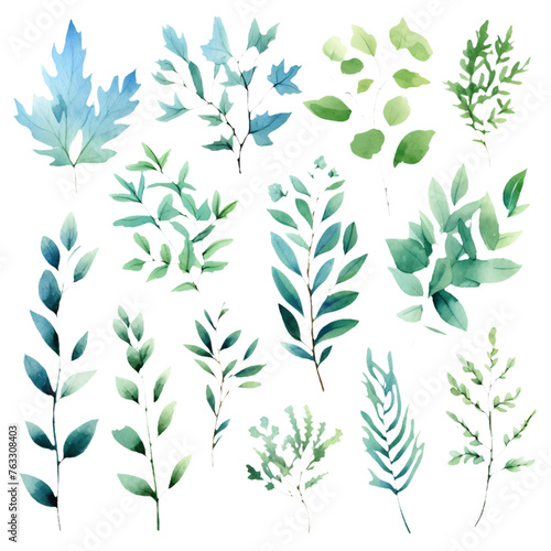 Collection A delicate watercolor painting showcasing various shades of green leaves