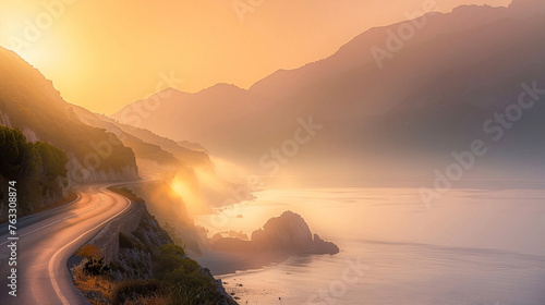 Sunset along the coast with a roadway