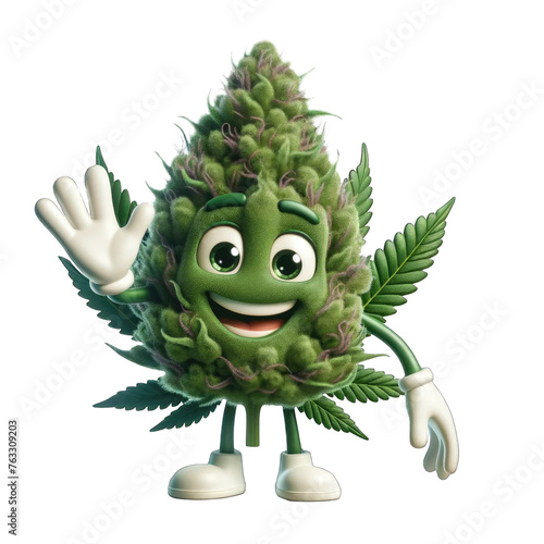 Cannabis cute character flowering bud waving hello. Cartoonish marijuana hemp leaf bud isolated on white transparent background. Good for stickers or t-shirt design