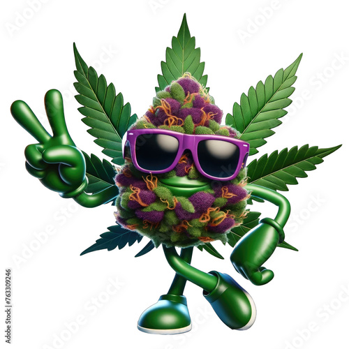 Cannabis funny cute character. Cartoonish marijuana purple hemp bud isolated on white transparent background. Good for stickers or t-shirt design