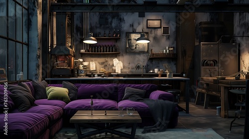 an AI-generated visual narrative of an industrial-inspired interior with a purple sofa and a sturdy table, set against a backdrop of dim lighting to emphasize the raw and urban aesthetic