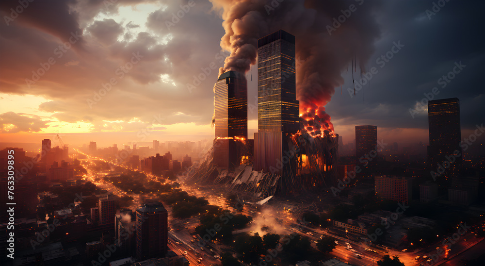 View of the destruction of the Twin Towers in a city - obrazy, fototapety, plakaty 