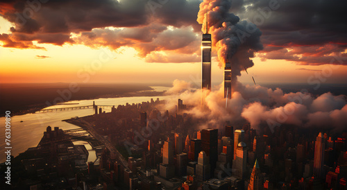 View of the destruction of the Twin Towers in a city photo