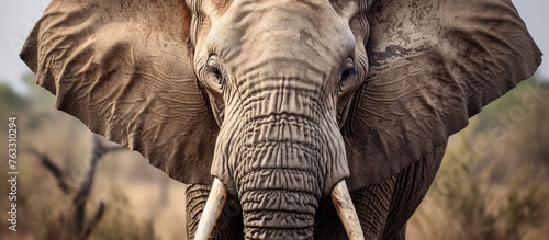 A closeup of an elephants face and tusks, showing its large wrinkled snout. Elephants, like mammoths, have unique hair patterns and are often seen in natural landscapes photo