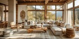 Warm of natural light streaming from panoramic windows in living room