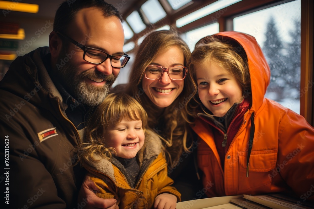 Obraz premium A family spends time together doing arts and crafts at a colorful home workstation, fostering creativity and creating lasting memories.