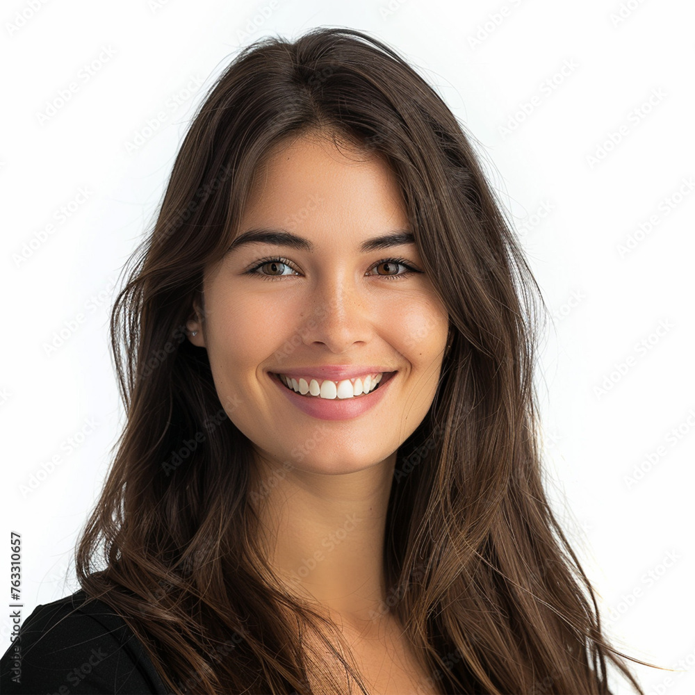 headshot photograph of a smiling woman with long, flowy hair. The background of the photo is white, and she is isolated in the shot. headshot photograph of a smiling woman with long, flowy hair. The background of the photo is white, and she is isolated in the shot.